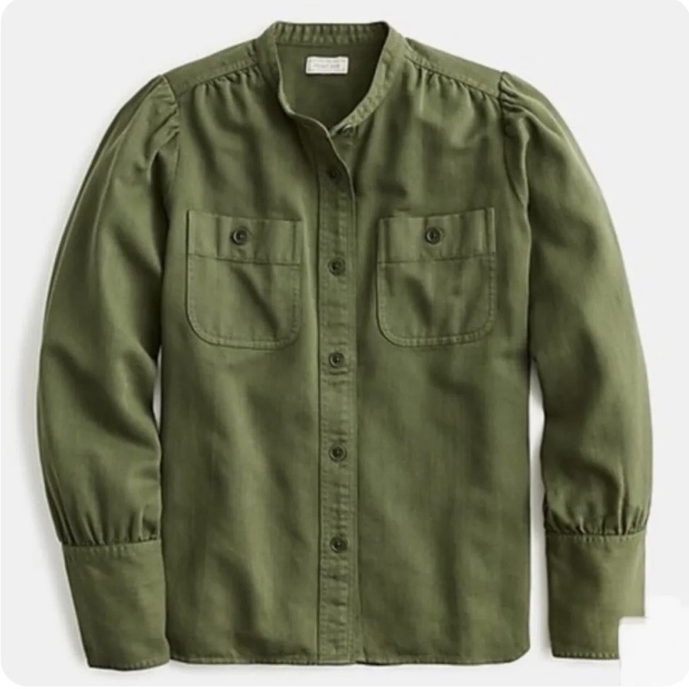J CREW POINT SUR Women’s Draped Button Twill Shirt Army Green Long Sleeve